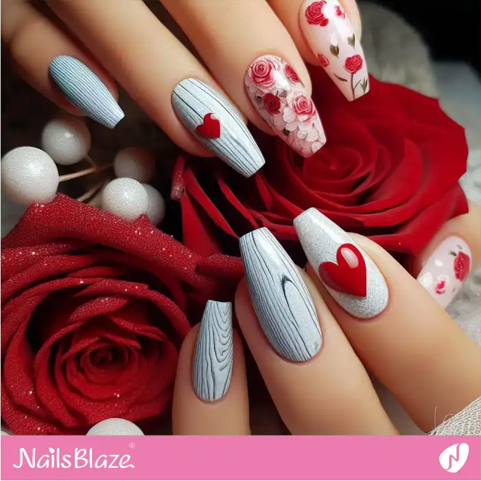 Whitewashed Timber Pattern with Hearts and Roses Nail Design | Valentine Nails - NB2700